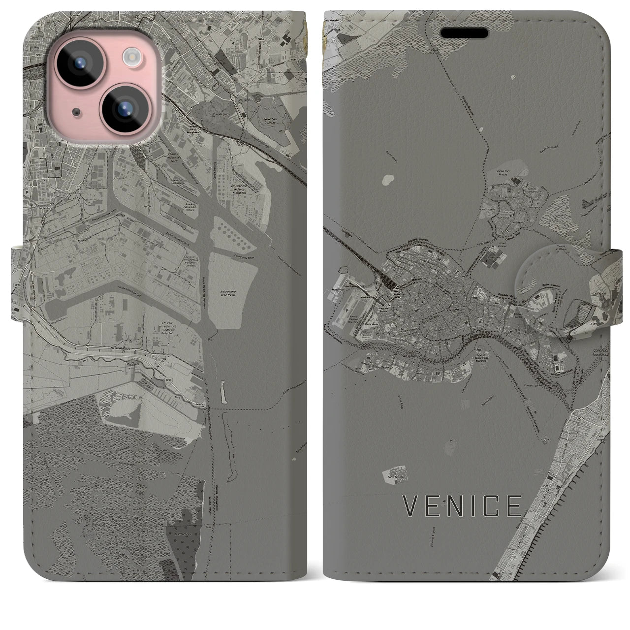【ヴェネツィア2(イタリア)】地図柄iPhoneケース(手帳タイプ)モノトーン・iPhone 15 Plus 用