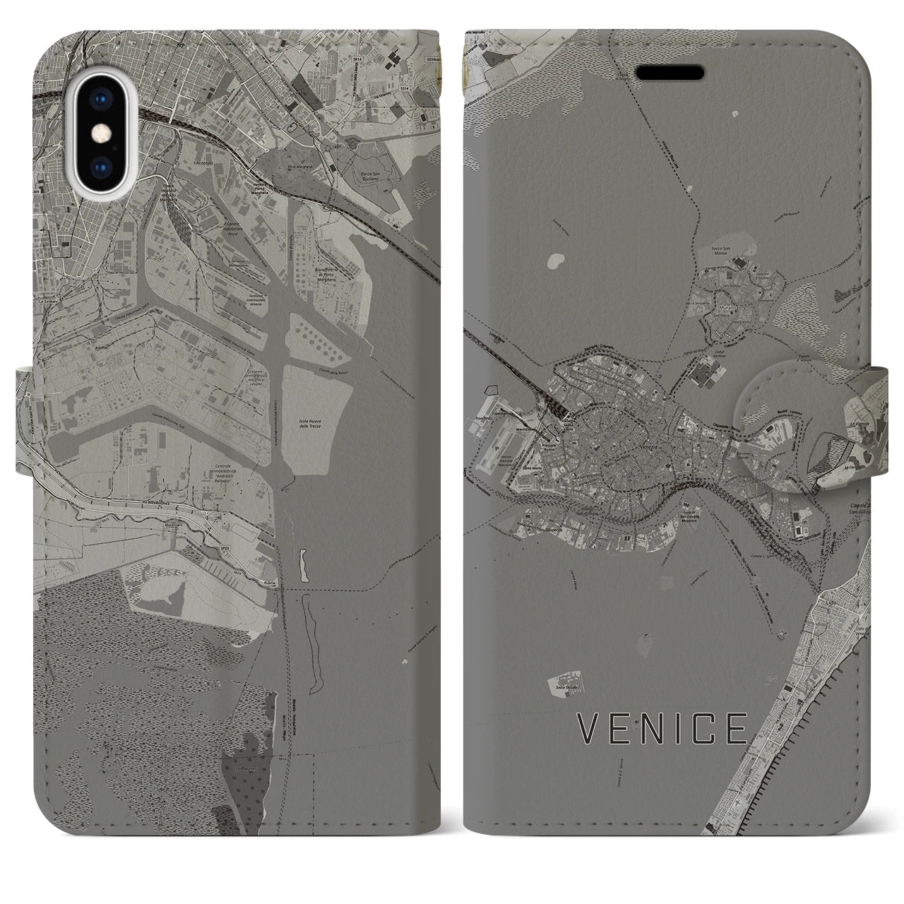 【ヴェネツィア2(イタリア)】地図柄iPhoneケース(手帳タイプ)モノトーン・iPhone XS Max 用