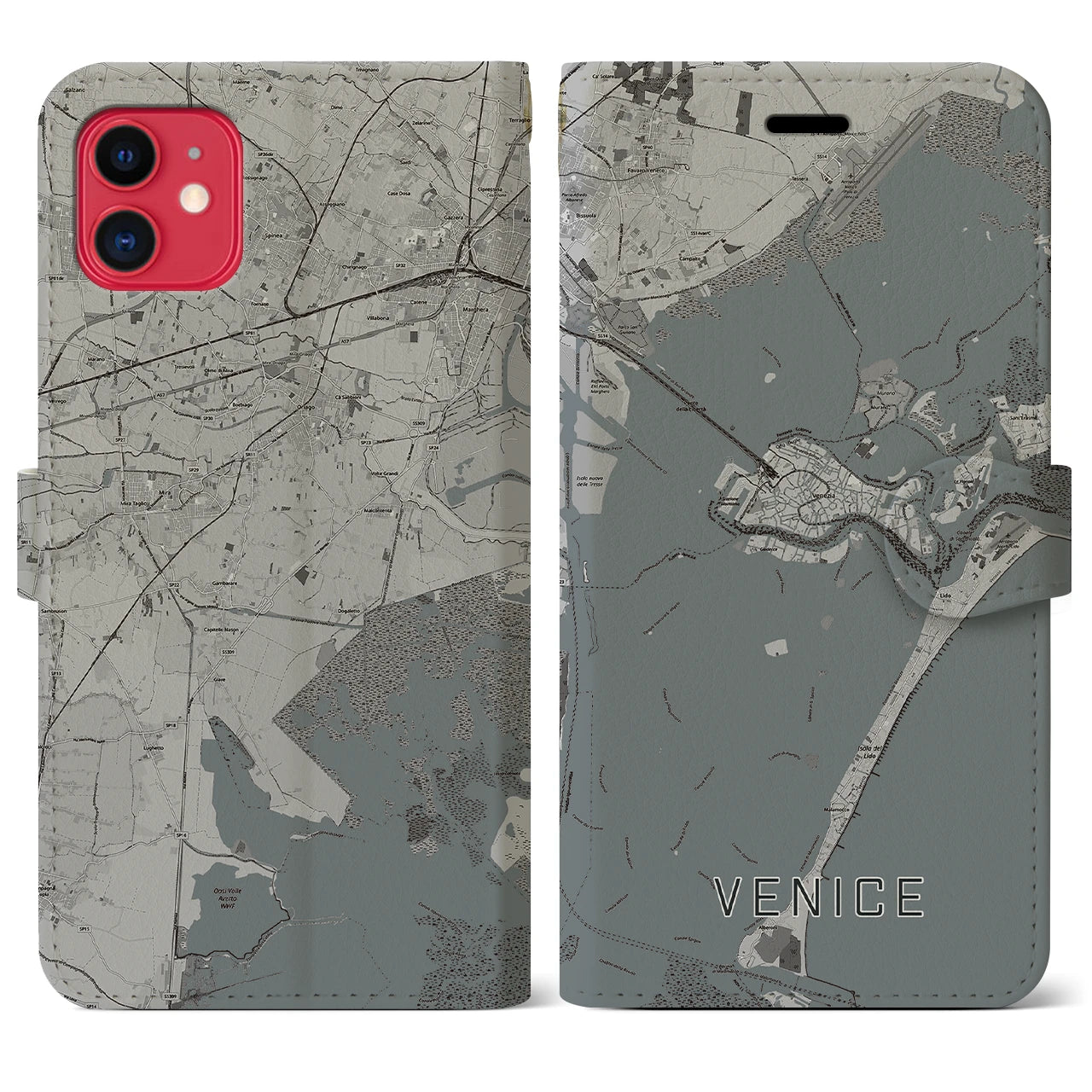 【ヴェネツィア(イタリア)】地図柄iPhoneケース(手帳タイプ)モノトーン・iPhone 11 用