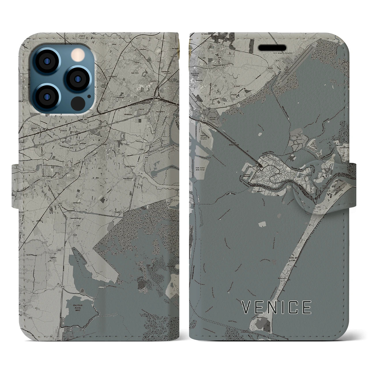 【ヴェネツィア(イタリア)】地図柄iPhoneケース(手帳タイプ)モノトーン・iPhone 12 / 12 Pro 用