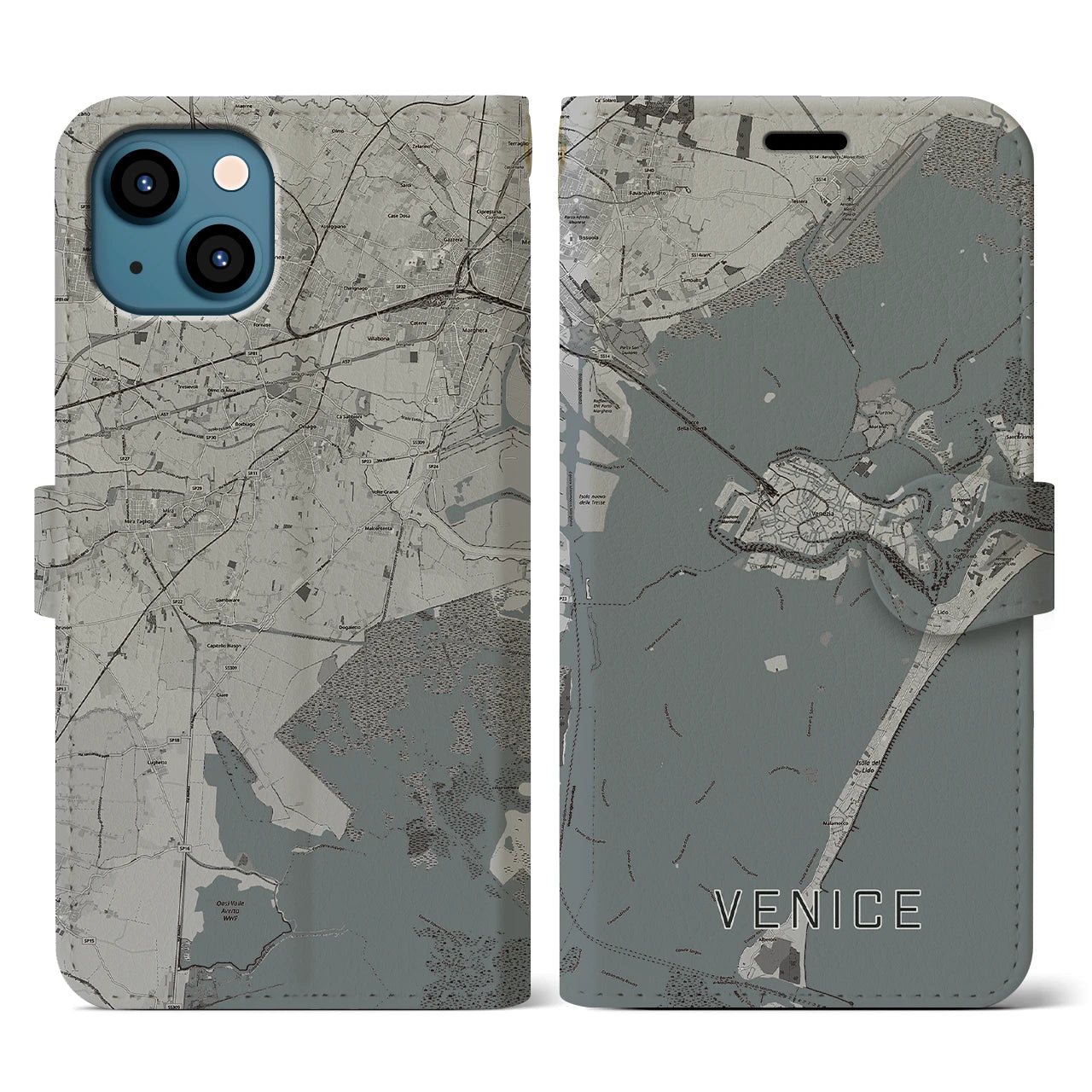 【ヴェネツィア(イタリア)】地図柄iPhoneケース(手帳タイプ)モノトーン・iPhone 13 用