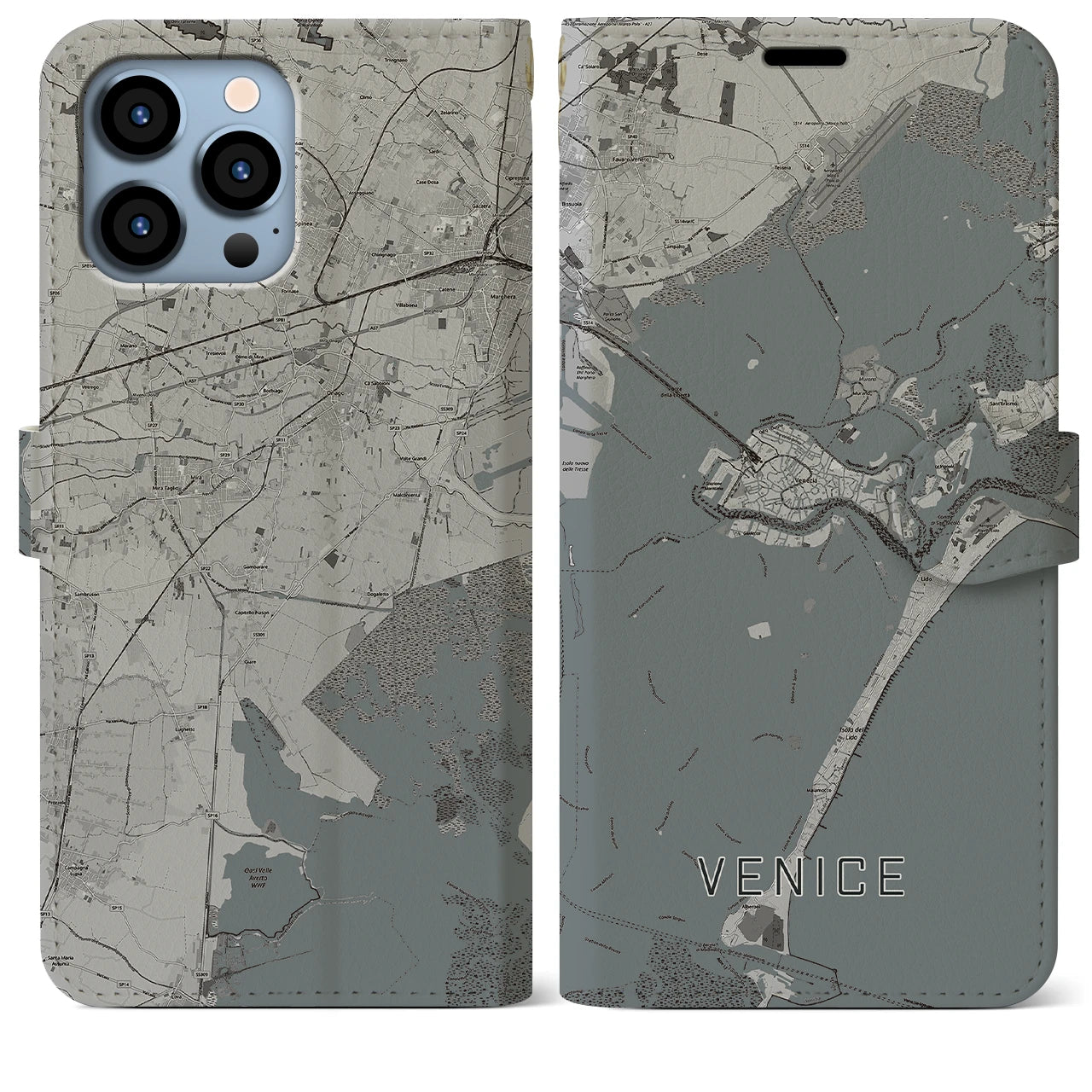 【ヴェネツィア(イタリア)】地図柄iPhoneケース(手帳タイプ)モノトーン・iPhone 13 Pro Max 用