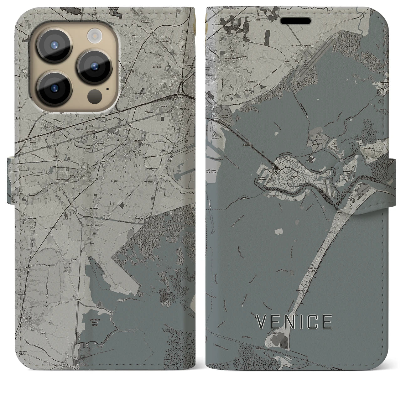 【ヴェネツィア(イタリア)】地図柄iPhoneケース(手帳タイプ)モノトーン・iPhone 14 Pro Max 用