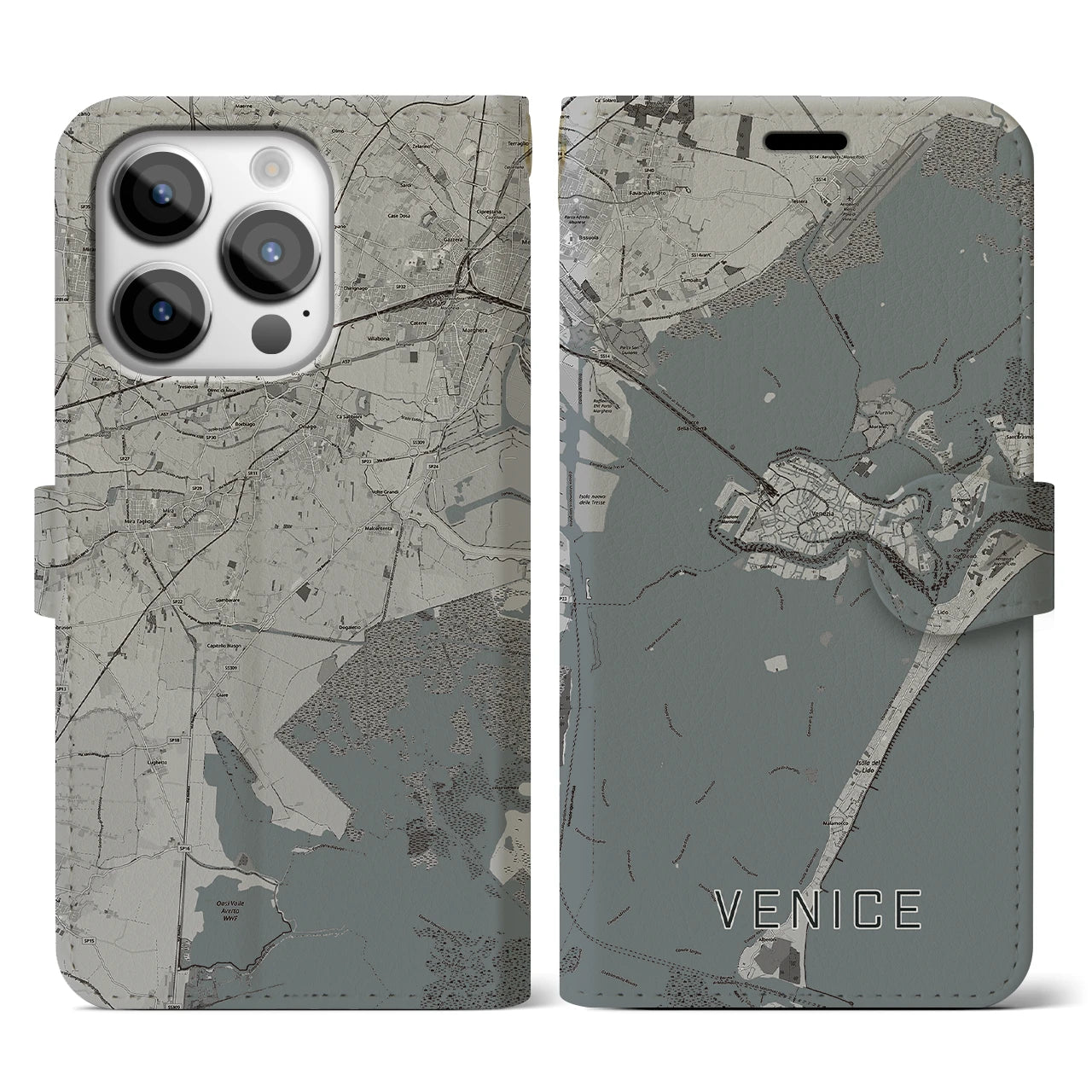 【ヴェネツィア(イタリア)】地図柄iPhoneケース(手帳タイプ)モノトーン・iPhone 14 Pro 用