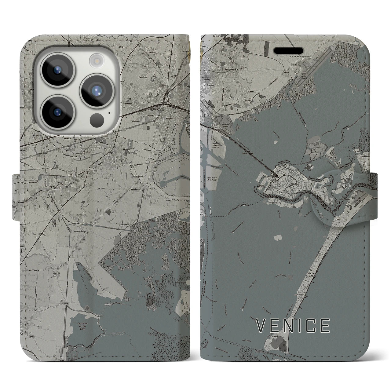 【ヴェネツィア(イタリア)】地図柄iPhoneケース(手帳タイプ)モノトーン・iPhone 15 Pro 用