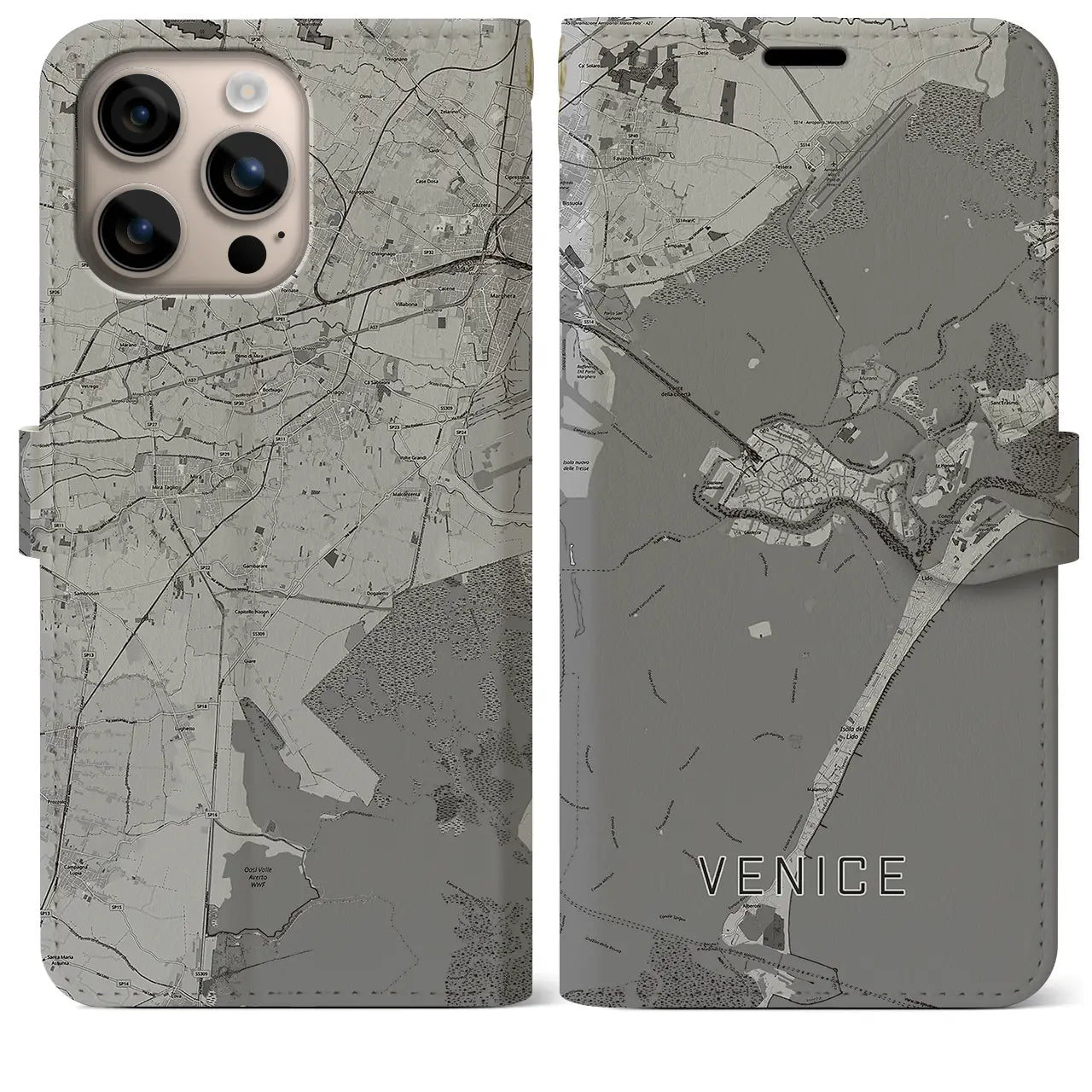 【ヴェネツィア(イタリア)】地図柄iPhoneケース(手帳タイプ)モノトーン・iPhone 16 Plus 用