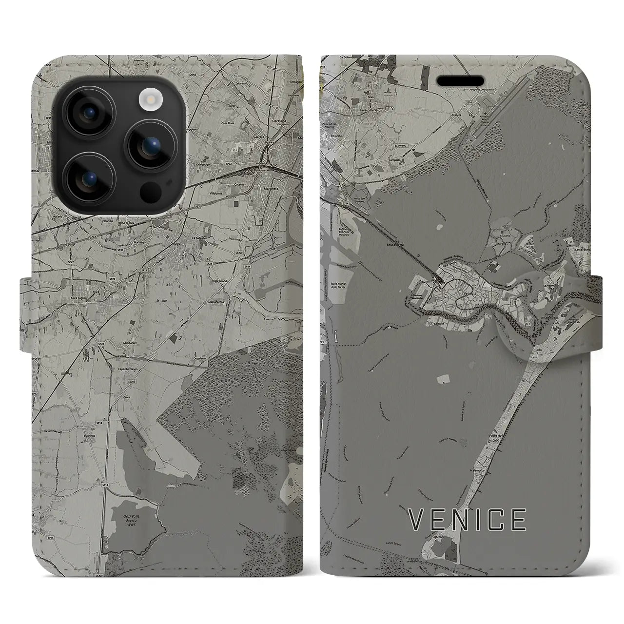 【ヴェネツィア(イタリア)】地図柄iPhoneケース(手帳タイプ)モノトーン・iPhone 16 用