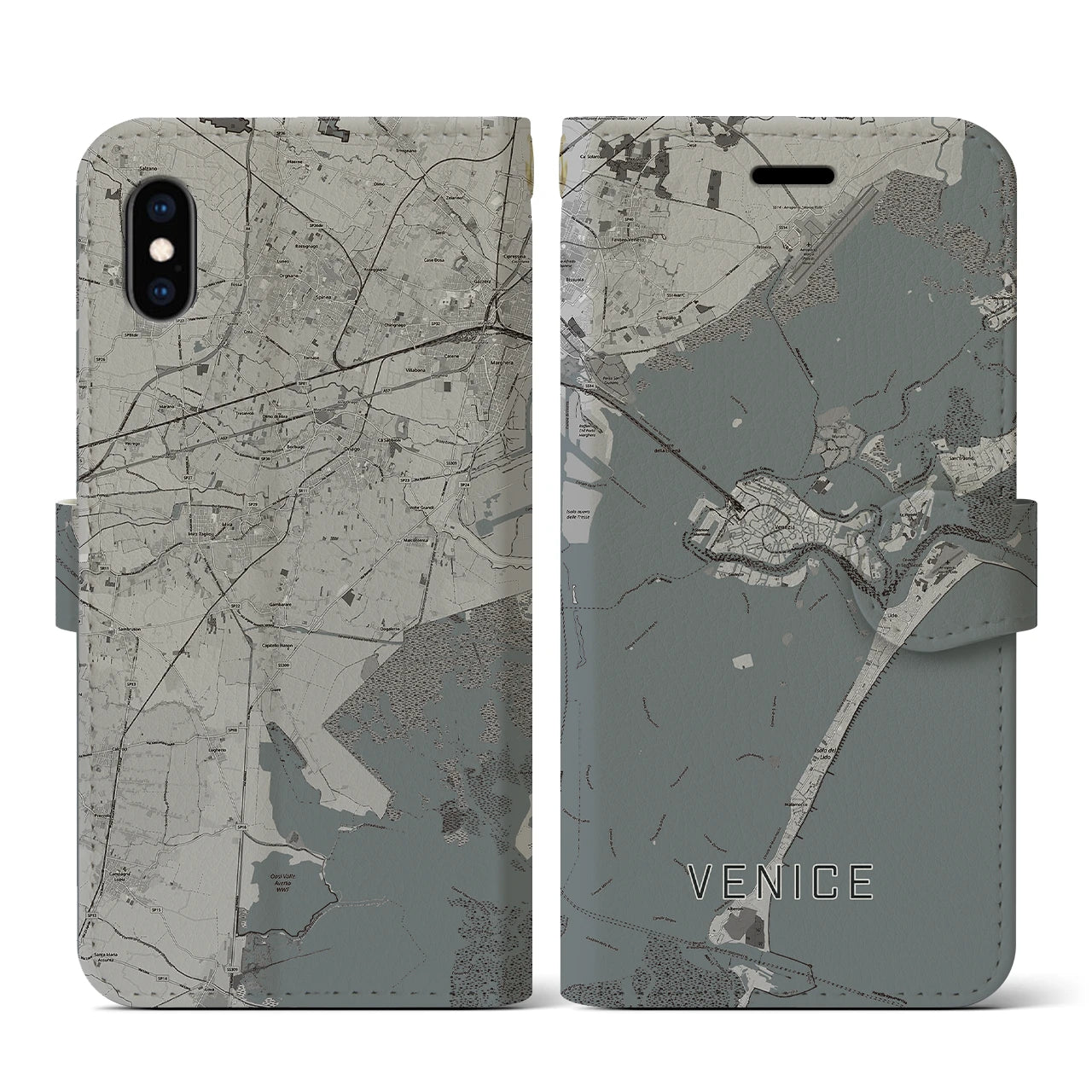 【ヴェネツィア(イタリア)】地図柄iPhoneケース(手帳タイプ)モノトーン・iPhone XS / X 用