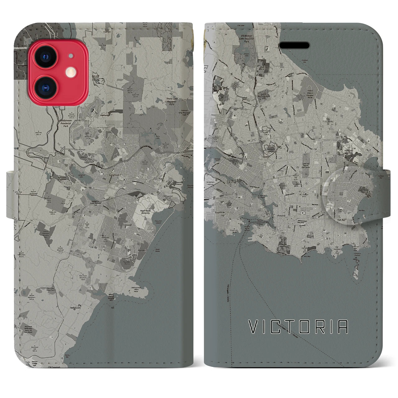 【ビクトリア(カナダ)】地図柄iPhoneケース(手帳タイプ)モノトーン・iPhone 11 用