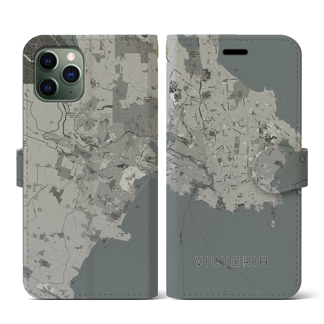 【ビクトリア(カナダ)】地図柄iPhoneケース(手帳タイプ)モノトーン・iPhone 11 Pro 用