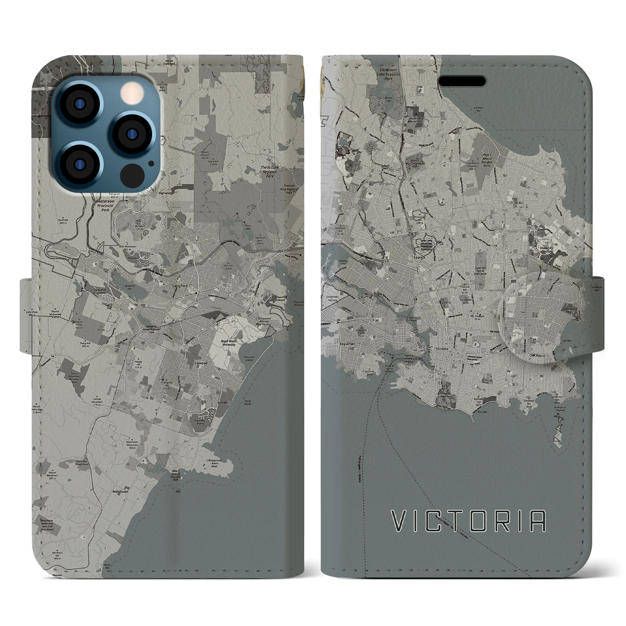 【ビクトリア(カナダ)】地図柄iPhoneケース(手帳タイプ)モノトーン・iPhone 12 / 12 Pro 用