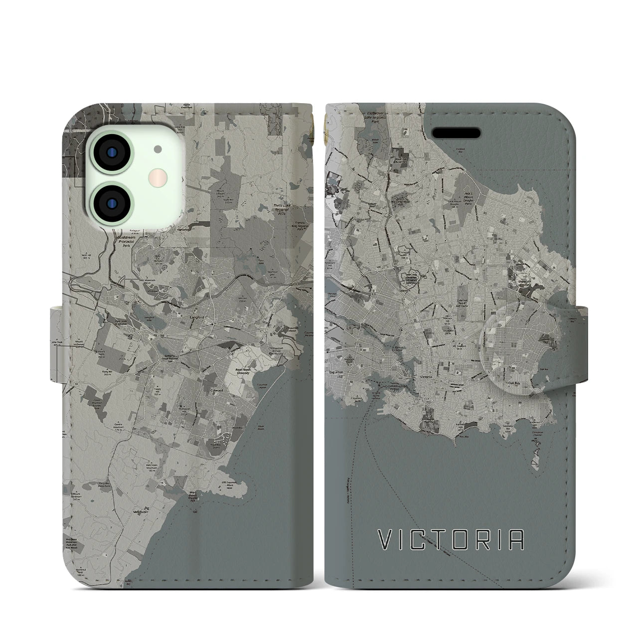 【ビクトリア(カナダ)】地図柄iPhoneケース(手帳タイプ)モノトーン・iPhone 12 mini 用