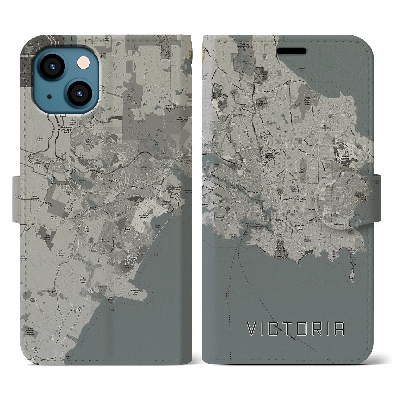 【ビクトリア(カナダ)】地図柄iPhoneケース(手帳タイプ)モノトーン・iPhone 13 用