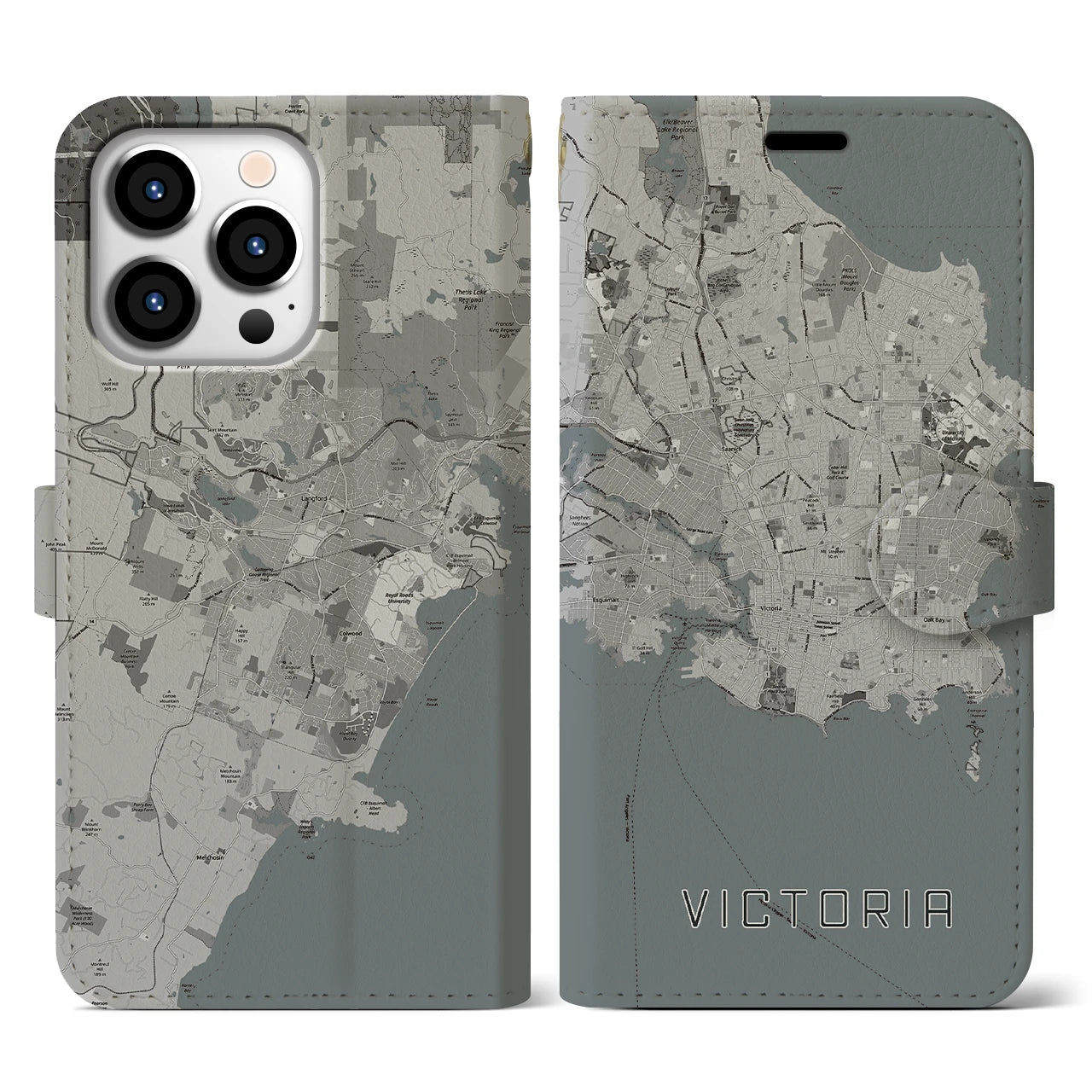【ビクトリア(カナダ)】地図柄iPhoneケース(手帳タイプ)モノトーン・iPhone 13 Pro 用