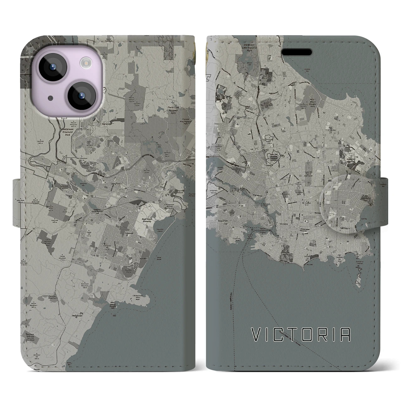 【ビクトリア(カナダ)】地図柄iPhoneケース(手帳タイプ)モノトーン・iPhone 14 用