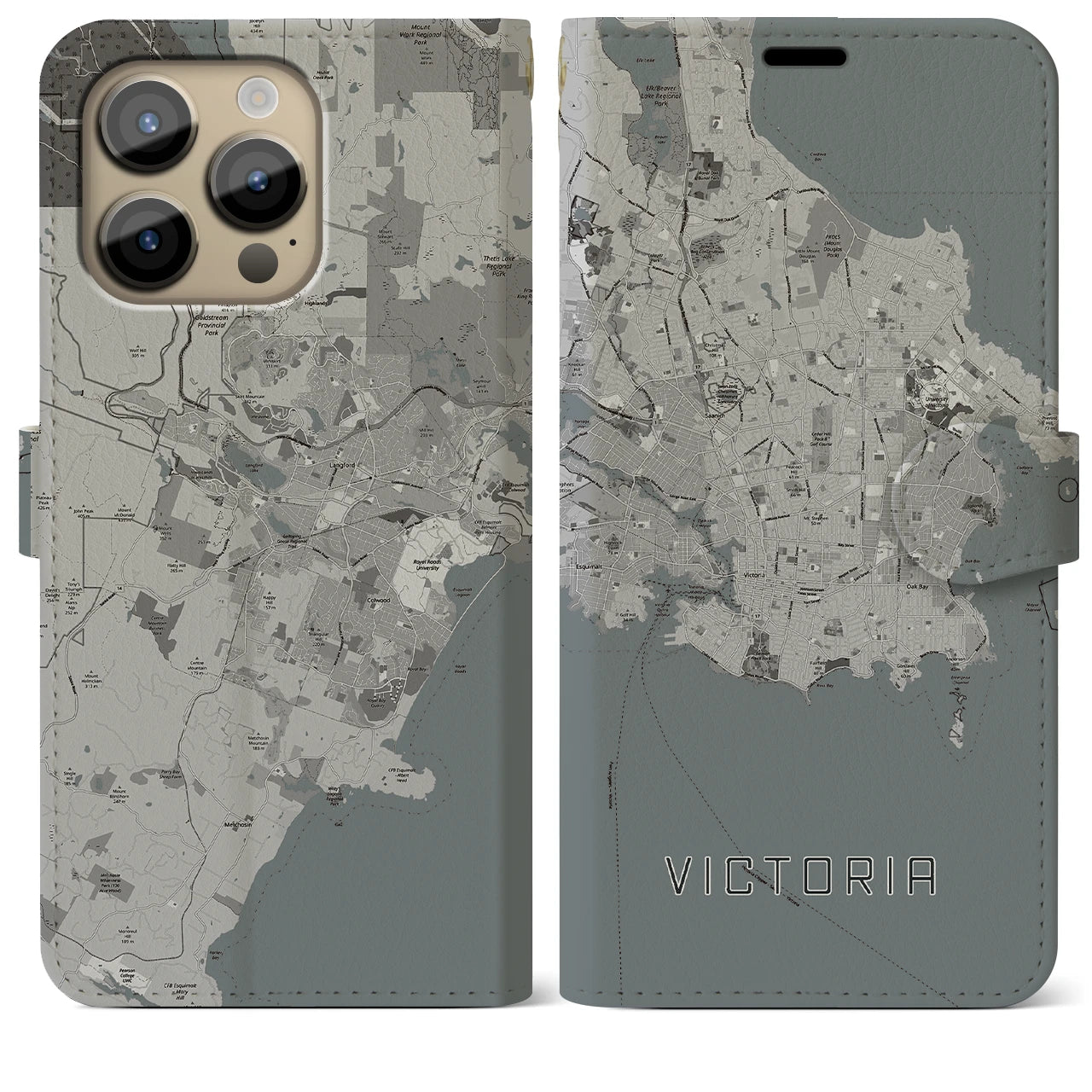 【ビクトリア(カナダ)】地図柄iPhoneケース(手帳タイプ)モノトーン・iPhone 14 Pro Max 用