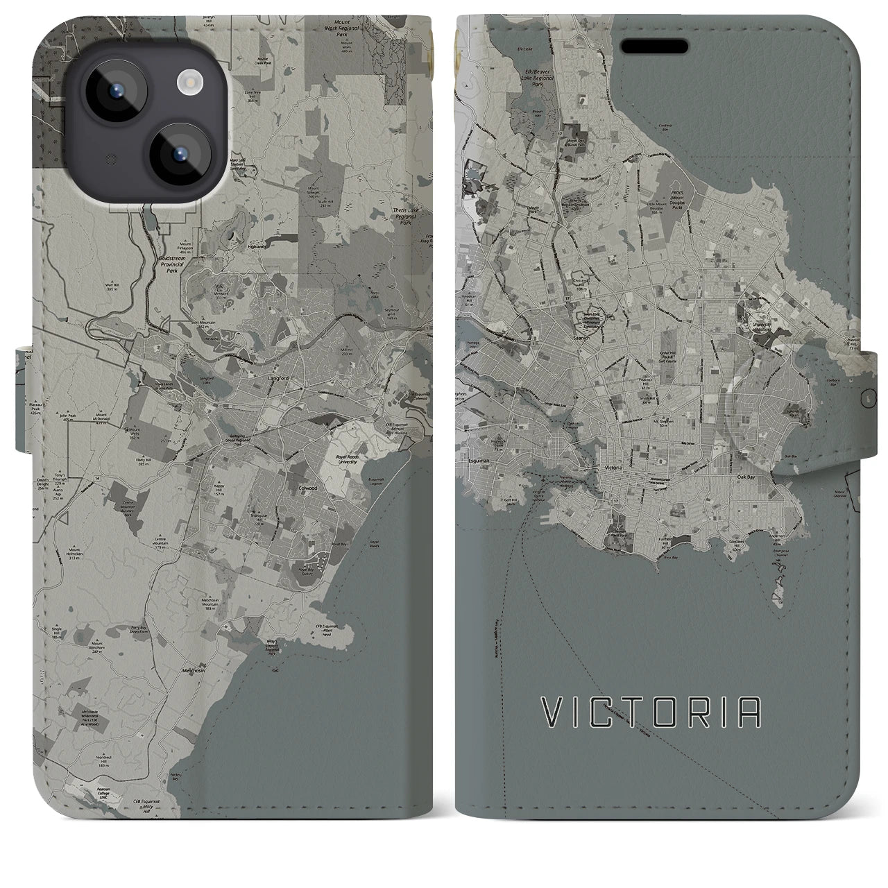 【ビクトリア(カナダ)】地図柄iPhoneケース(手帳タイプ)モノトーン・iPhone 14 Plus 用
