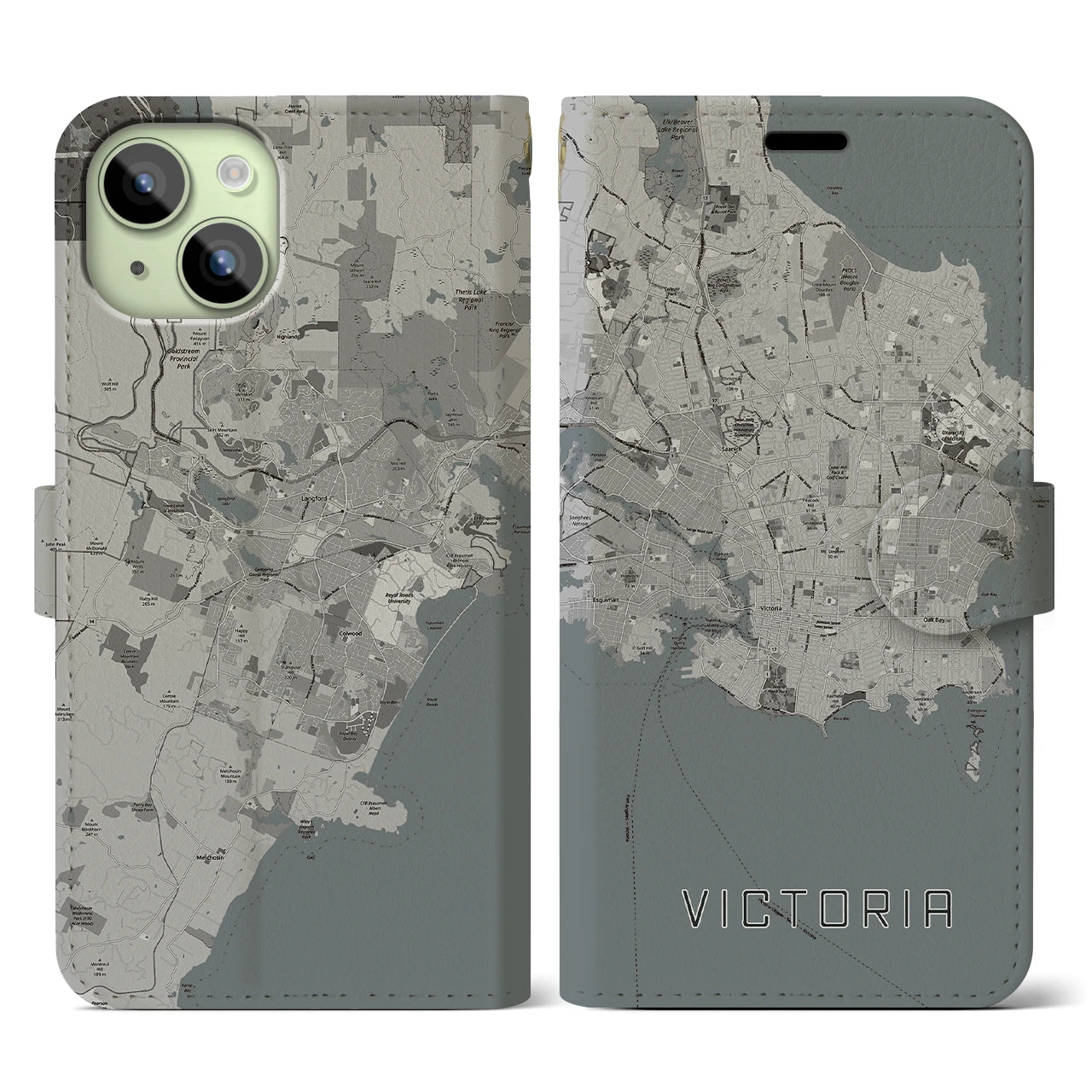 【ビクトリア(カナダ)】地図柄iPhoneケース(手帳タイプ)モノトーン・iPhone 15 用