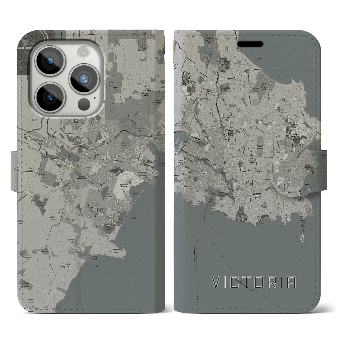 【ビクトリア(カナダ)】地図柄iPhoneケース(手帳タイプ)モノトーン・iPhone 15 Pro 用