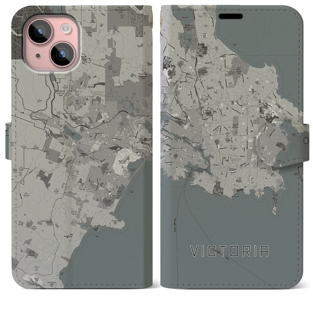 【ビクトリア(カナダ)】地図柄iPhoneケース(手帳タイプ)モノトーン・iPhone 15 Plus 用