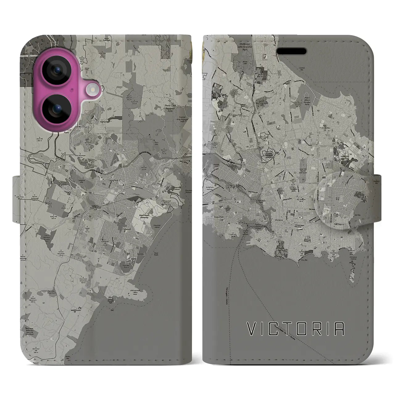 【ビクトリア(カナダ)】地図柄iPhoneケース(手帳タイプ)モノトーン・iPhone 16 Pro 用