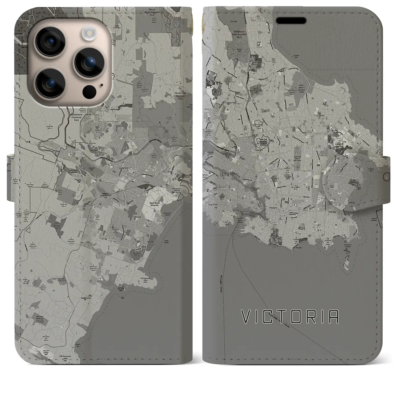 【ビクトリア(カナダ)】地図柄iPhoneケース(手帳タイプ)モノトーン・iPhone 16 Plus 用