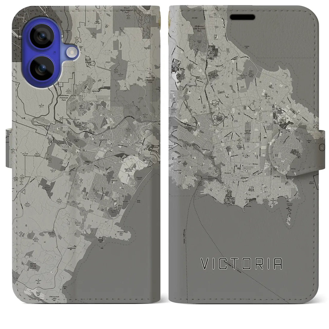 【ビクトリア(カナダ)】地図柄iPhoneケース(手帳タイプ)モノトーン・iPhone 16 Pro Max 用