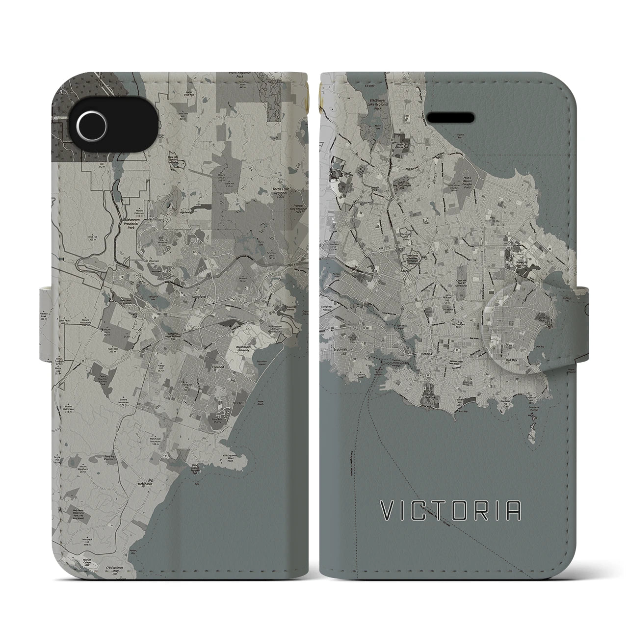 【ビクトリア(カナダ)】地図柄iPhoneケース(手帳タイプ)モノトーン・iPhone SE(第3 / 第2世代) / 8 / 7 / 6s / 6 用