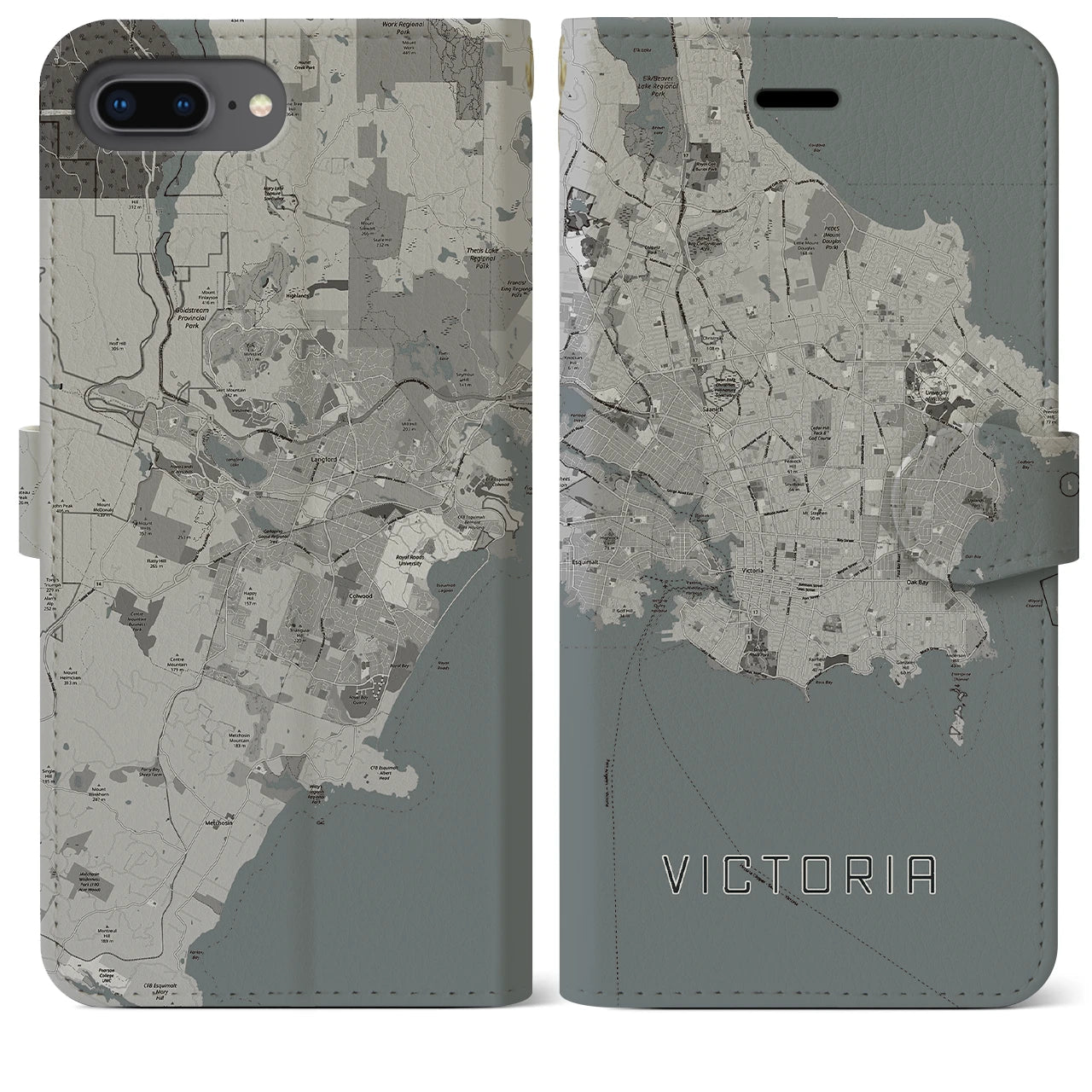 【ビクトリア(カナダ)】地図柄iPhoneケース(手帳タイプ)モノトーン・iPhone 8Plus /7Plus / 6sPlus / 6Plus 用