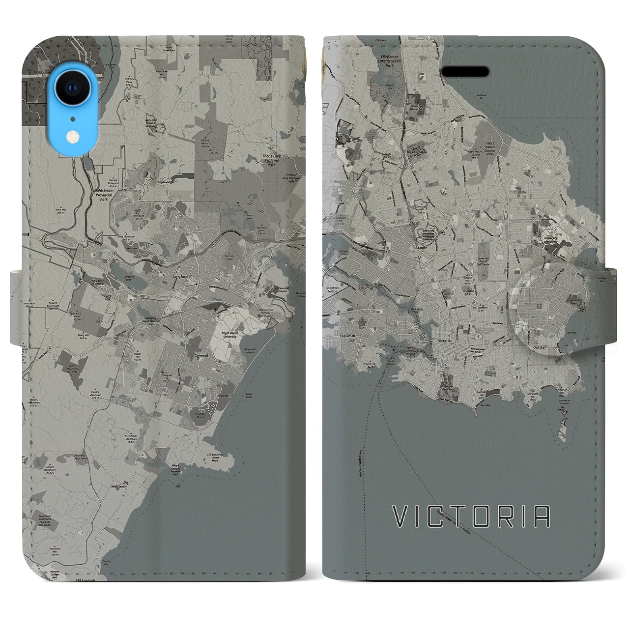 【ビクトリア(カナダ)】地図柄iPhoneケース(手帳タイプ)モノトーン・iPhone XR 用