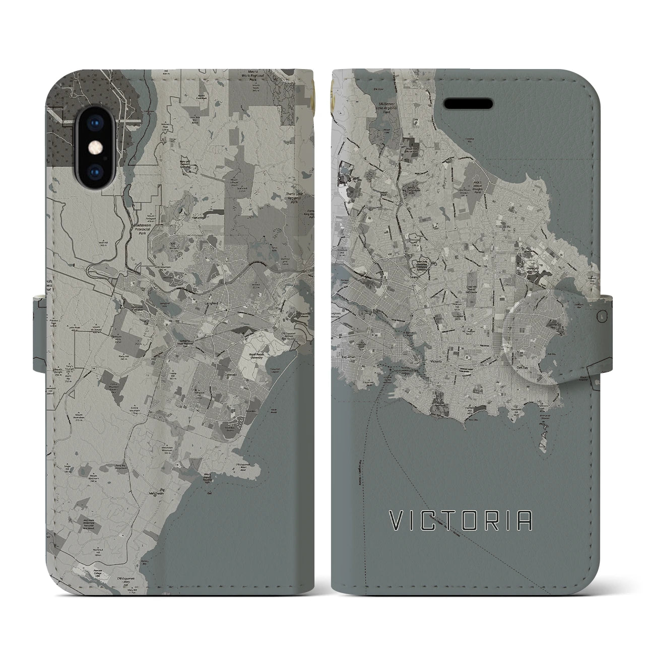 【ビクトリア(カナダ)】地図柄iPhoneケース(手帳タイプ)モノトーン・iPhone XS / X 用