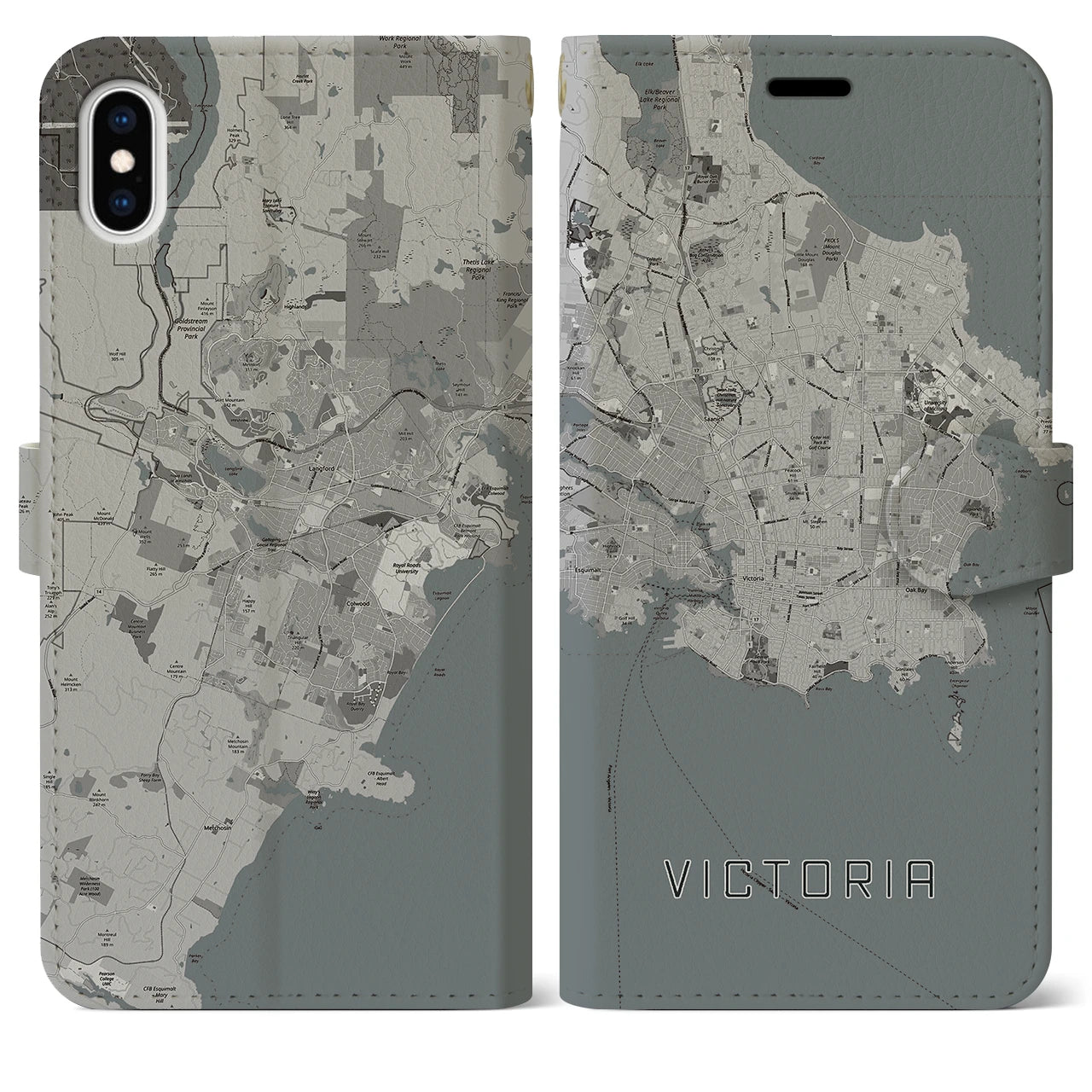 【ビクトリア(カナダ)】地図柄iPhoneケース(手帳タイプ)モノトーン・iPhone XS Max 用