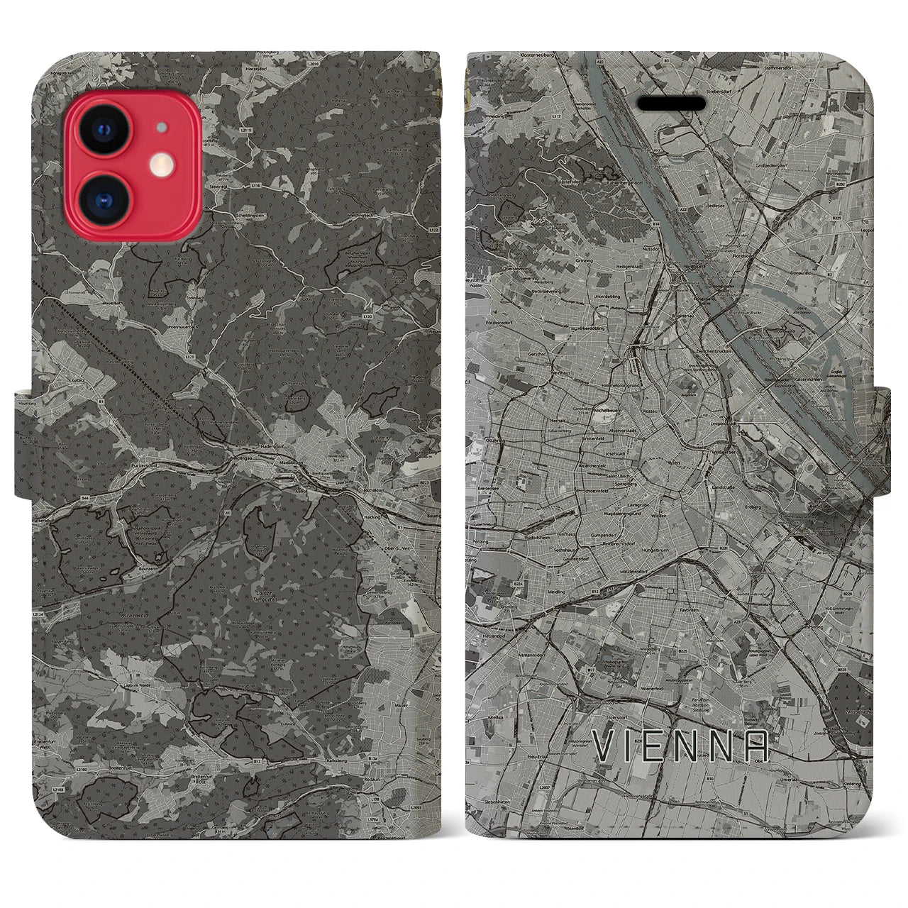 【ウィーン(オーストリア)】地図柄iPhoneケース(手帳タイプ)モノトーン・iPhone 11 用