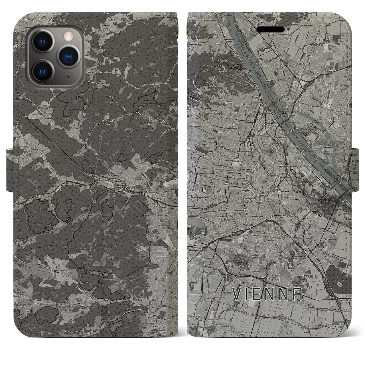 【ウィーン(オーストリア)】地図柄iPhoneケース(手帳タイプ)モノトーン・iPhone 11 Pro Max 用