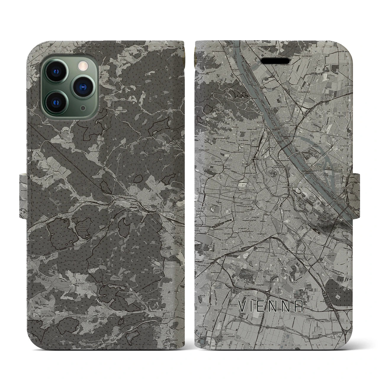 【ウィーン(オーストリア)】地図柄iPhoneケース(手帳タイプ)モノトーン・iPhone 11 Pro 用