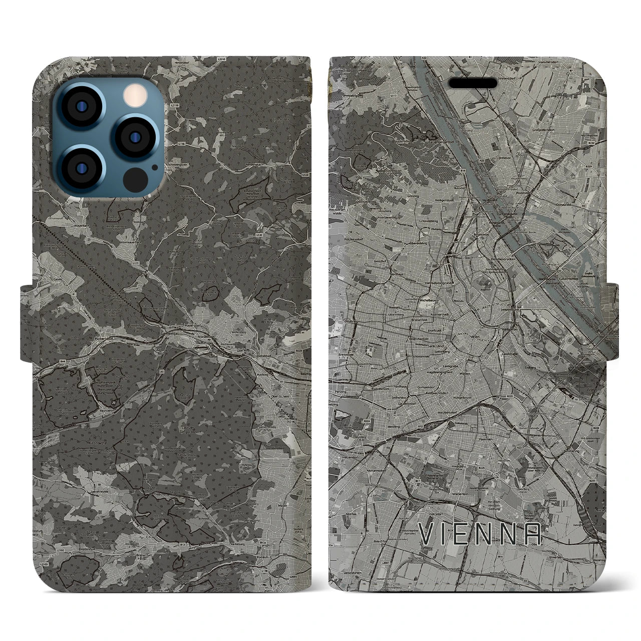 【ウィーン(オーストリア)】地図柄iPhoneケース(手帳タイプ)モノトーン・iPhone 12 / 12 Pro 用