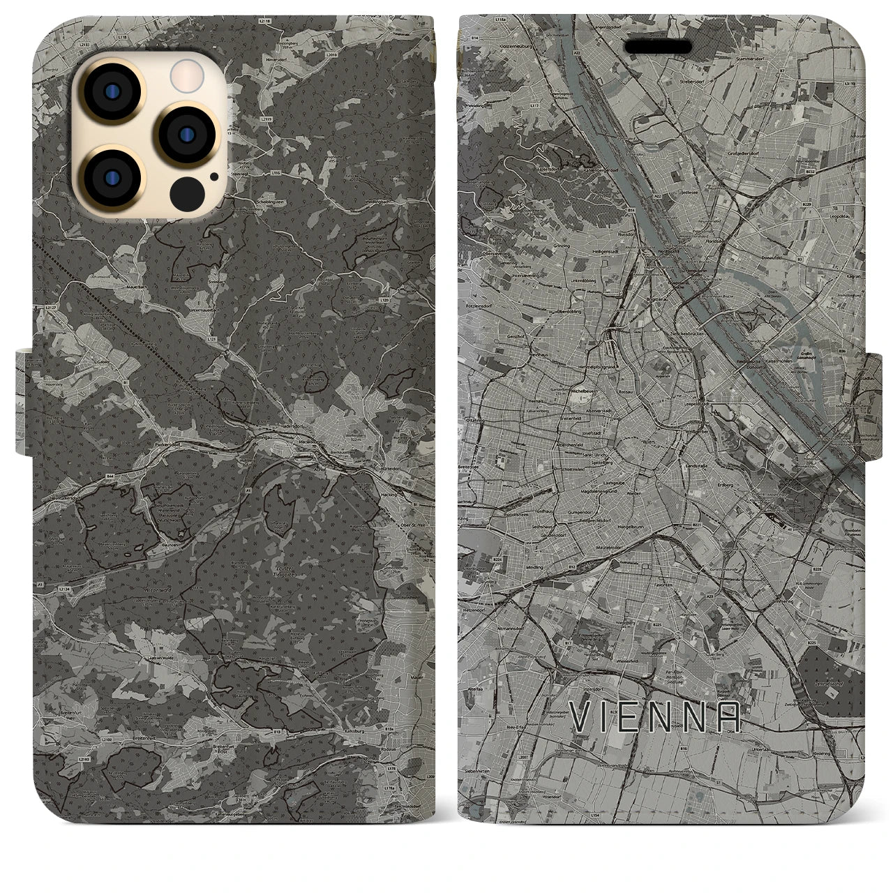 【ウィーン(オーストリア)】地図柄iPhoneケース(手帳タイプ)モノトーン・iPhone 12 Pro Max 用