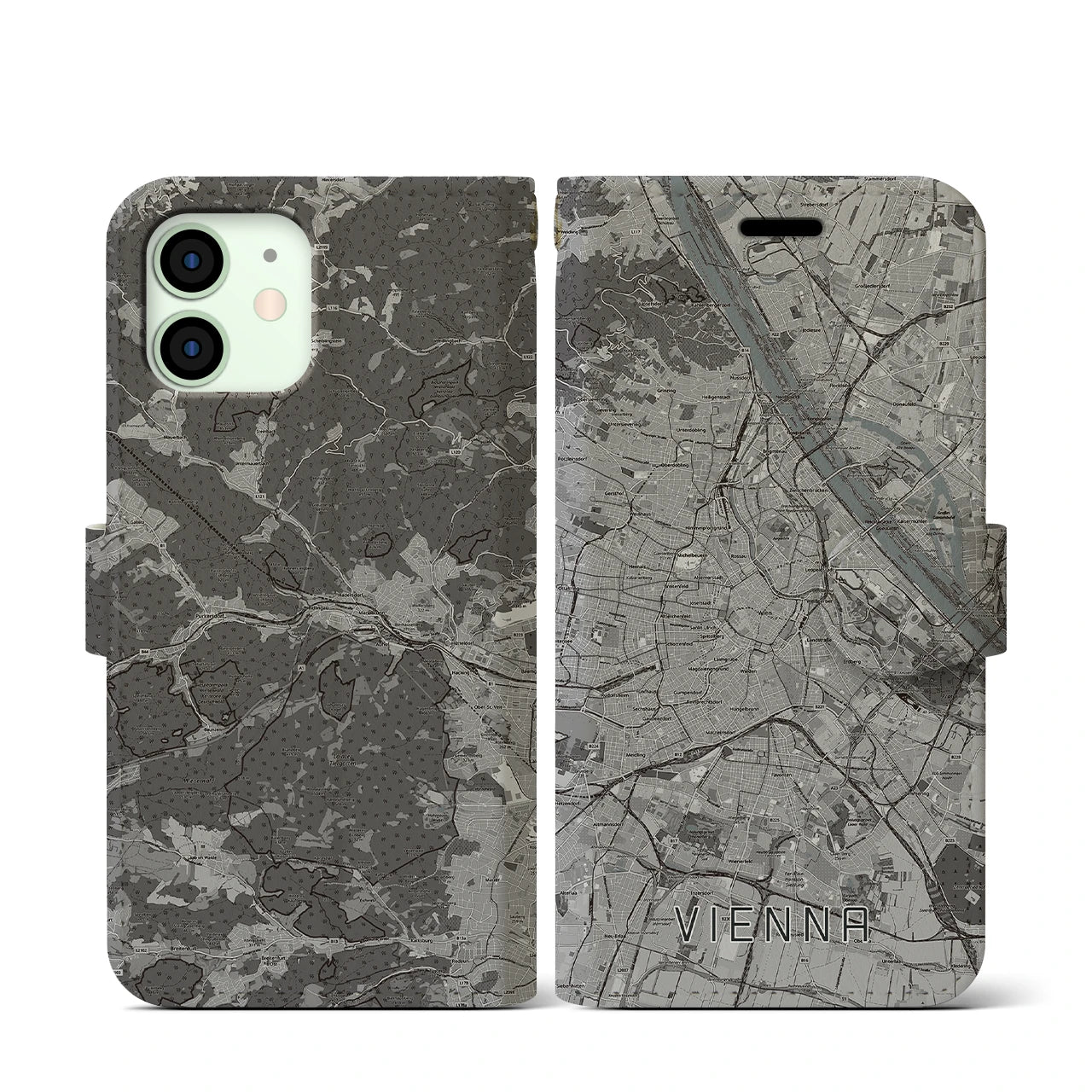 【ウィーン(オーストリア)】地図柄iPhoneケース(手帳タイプ)モノトーン・iPhone 12 mini 用