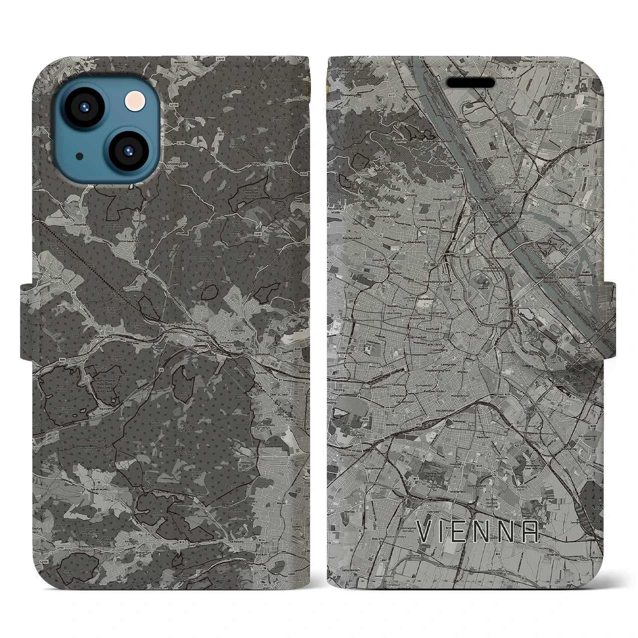 【ウィーン(オーストリア)】地図柄iPhoneケース(手帳タイプ)モノトーン・iPhone 13 用
