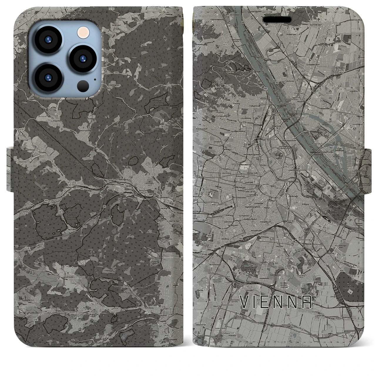 【ウィーン(オーストリア)】地図柄iPhoneケース(手帳タイプ)モノトーン・iPhone 13 Pro Max 用