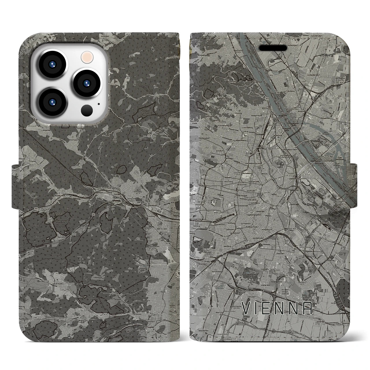 【ウィーン(オーストリア)】地図柄iPhoneケース(手帳タイプ)モノトーン・iPhone 13 Pro 用