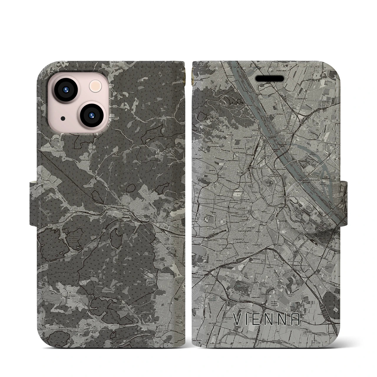 【ウィーン(オーストリア)】地図柄iPhoneケース(手帳タイプ)モノトーン・iPhone 13 mini 用