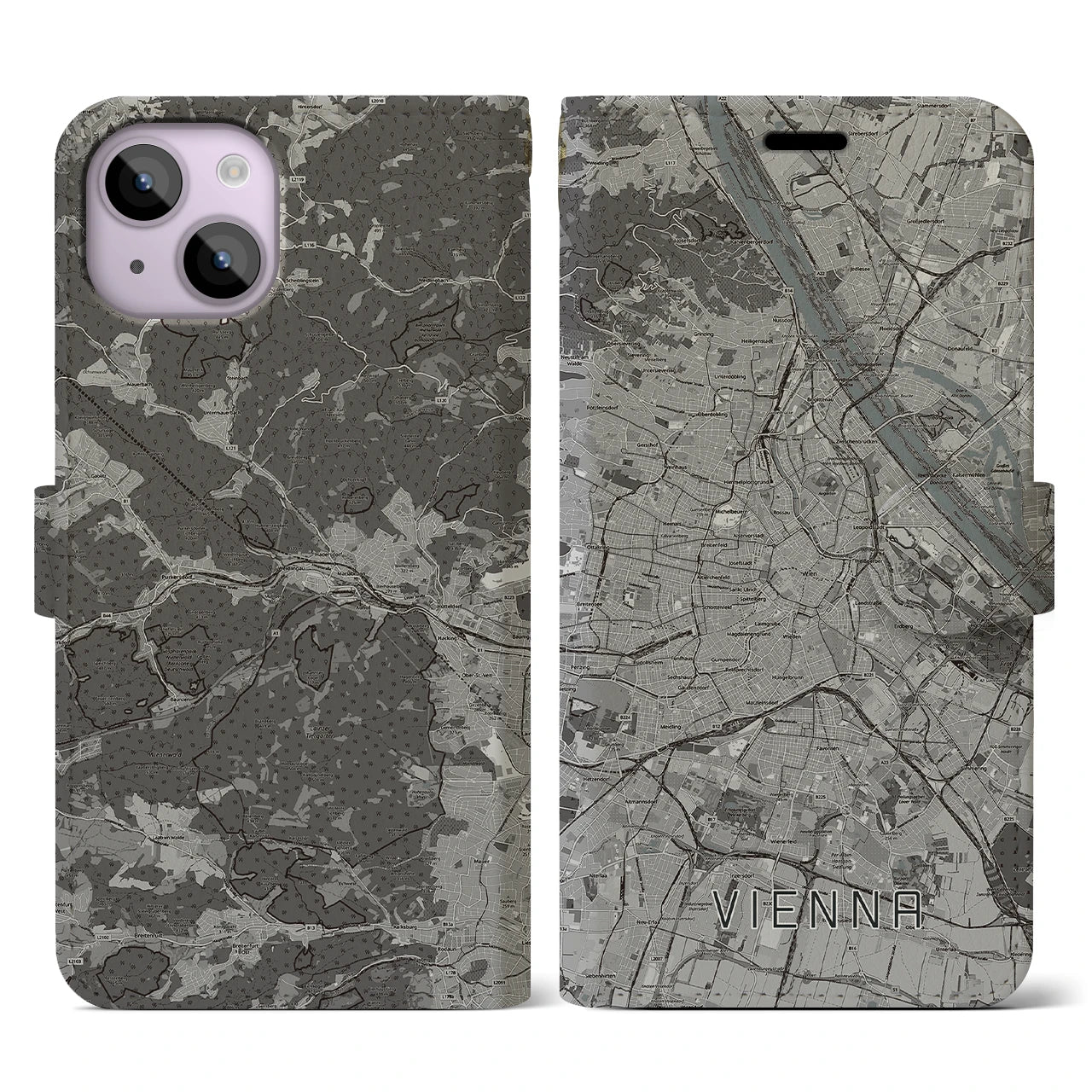 【ウィーン(オーストリア)】地図柄iPhoneケース(手帳タイプ)モノトーン・iPhone 14 用