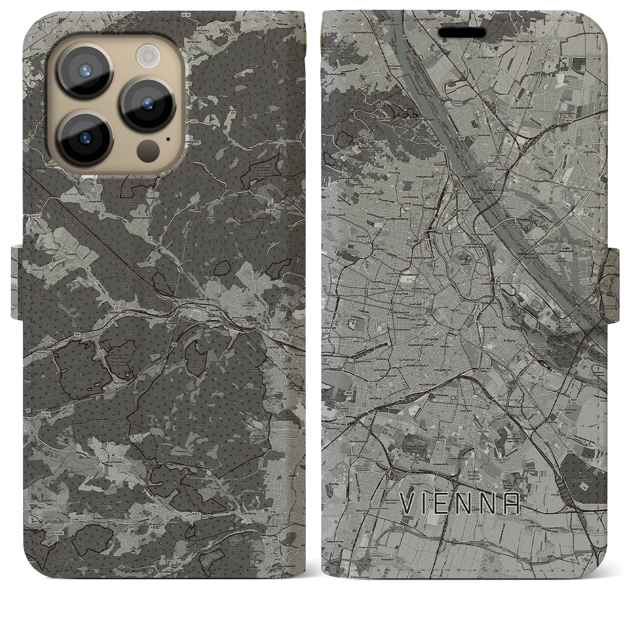 【ウィーン(オーストリア)】地図柄iPhoneケース(手帳タイプ)モノトーン・iPhone 14 Pro Max 用