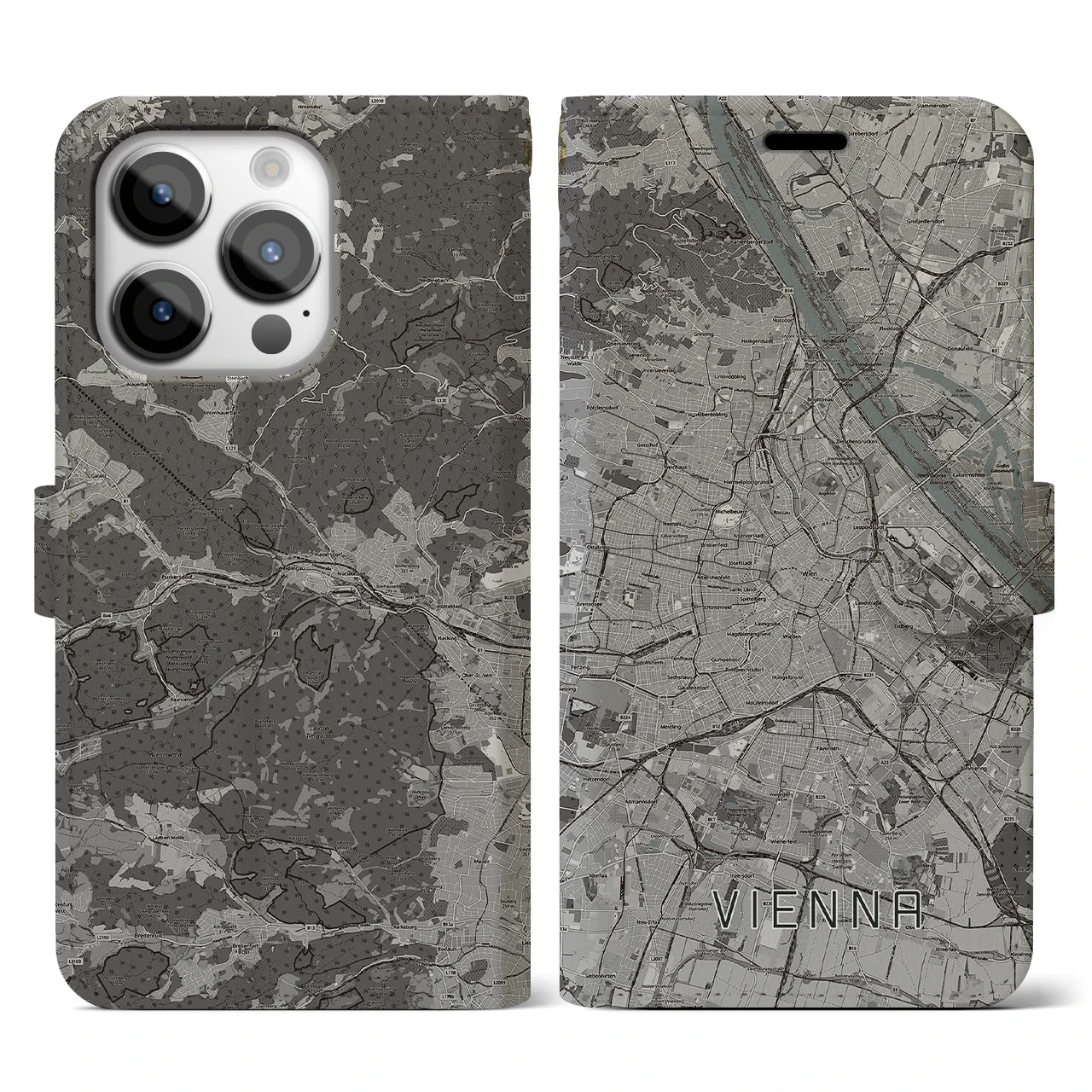 【ウィーン(オーストリア)】地図柄iPhoneケース(手帳タイプ)モノトーン・iPhone 14 Pro 用