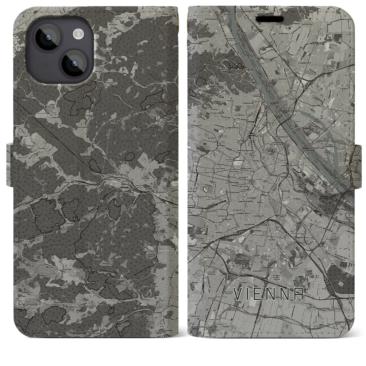 【ウィーン(オーストリア)】地図柄iPhoneケース(手帳タイプ)モノトーン・iPhone 14 Plus 用