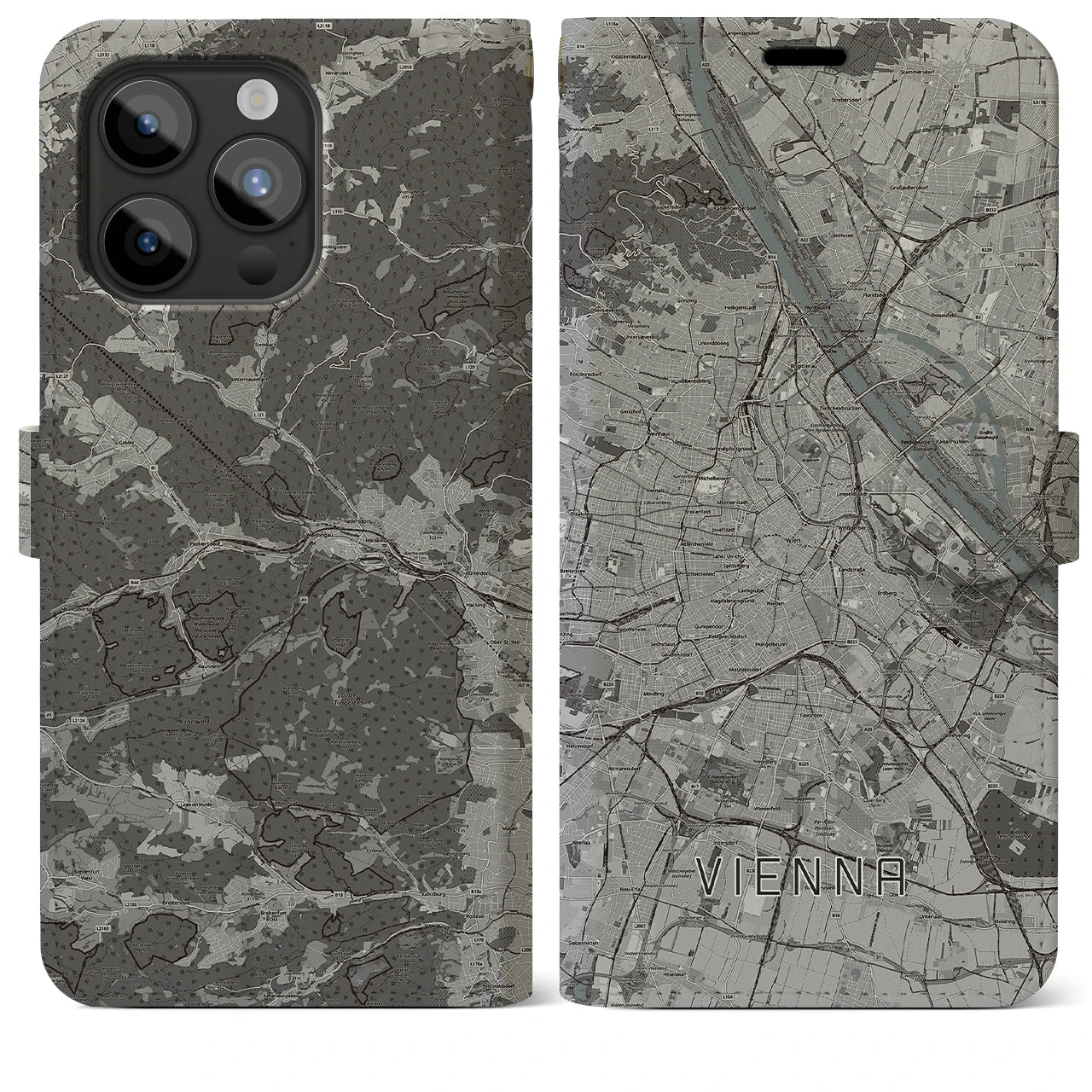 【ウィーン(オーストリア)】地図柄iPhoneケース(手帳タイプ)モノトーン・iPhone 15 Pro Max 用