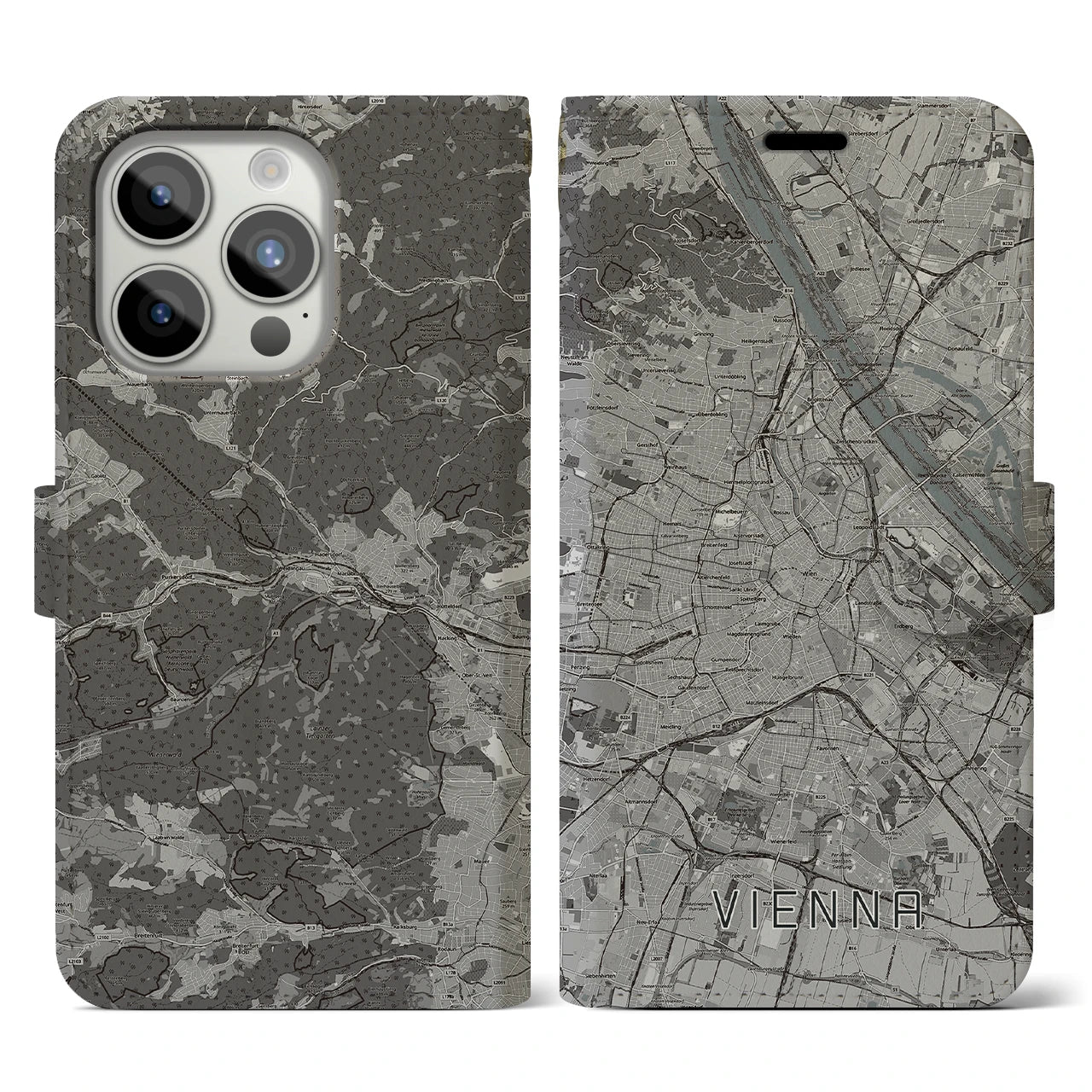 【ウィーン(オーストリア)】地図柄iPhoneケース(手帳タイプ)モノトーン・iPhone 15 Pro 用