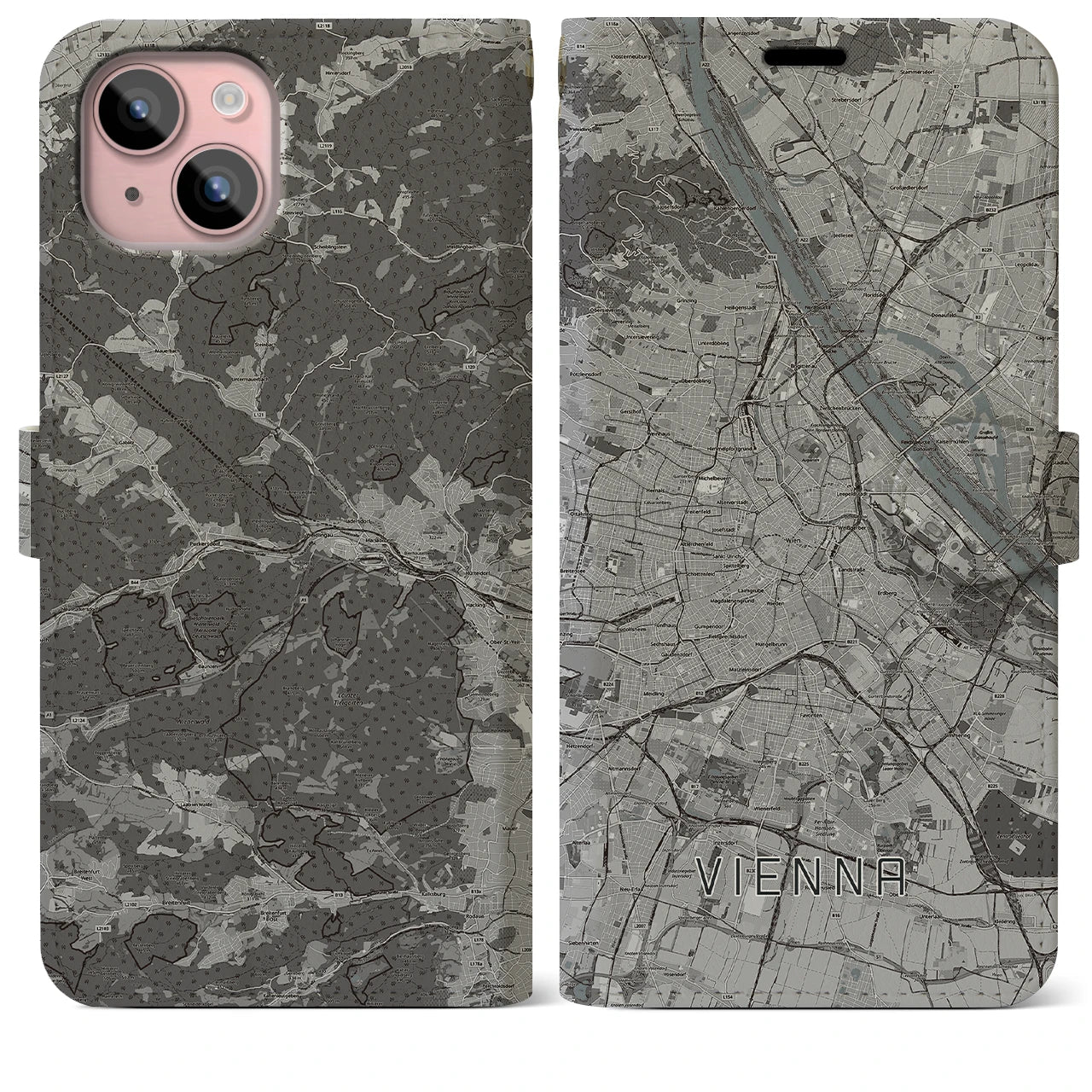 【ウィーン(オーストリア)】地図柄iPhoneケース(手帳タイプ)モノトーン・iPhone 15 Plus 用