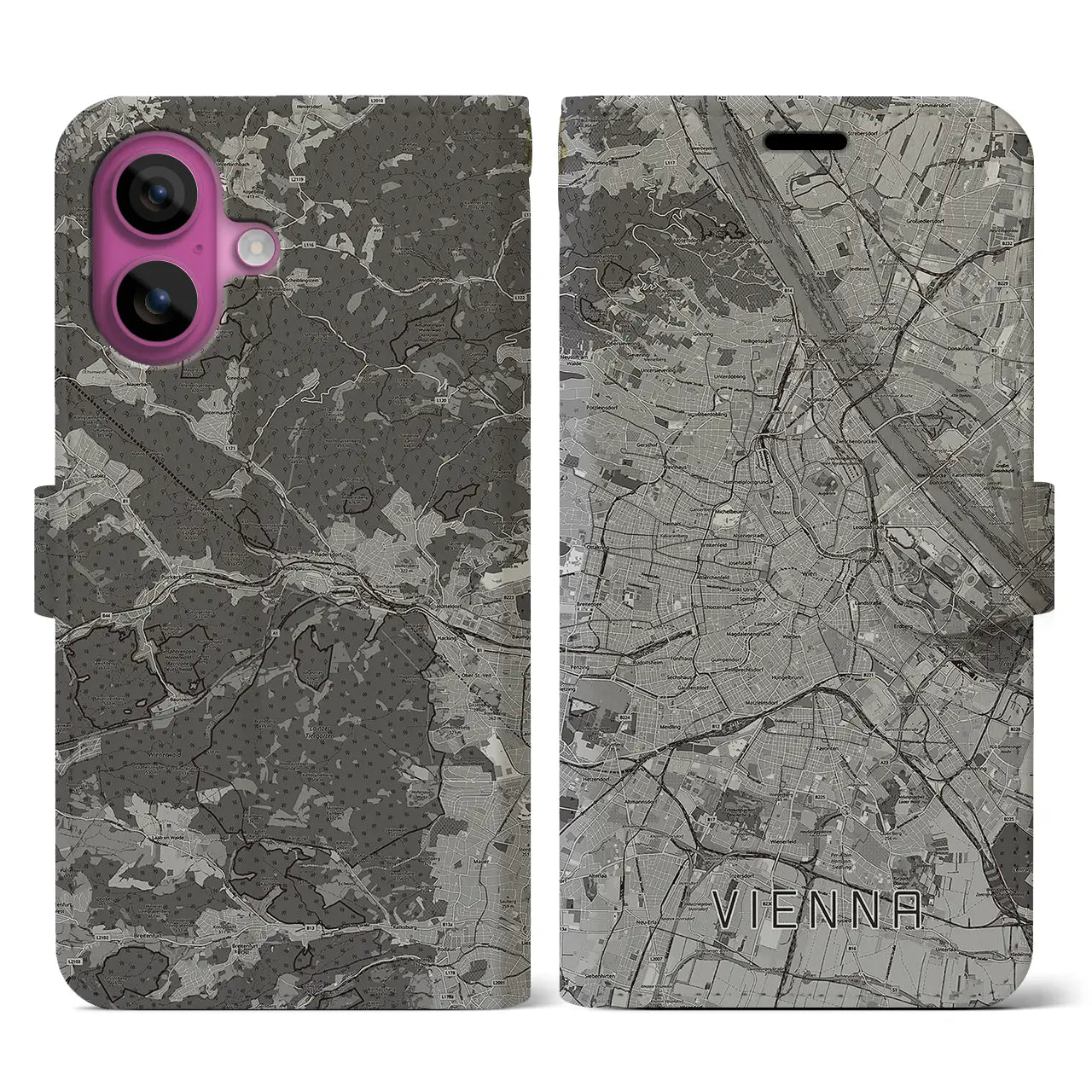 【ウィーン(オーストリア)】地図柄iPhoneケース(手帳タイプ)モノトーン・iPhone 16 Pro 用